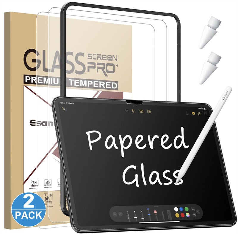 Esanik 2 Pack Like Paper Glass Screen Protector for iPad Air 11 Inch M3/M2 (7th/6th Generation, 2025/2024)9H Tempered Glass Film with Alignment Frame, Writing Like on Paper, Anti Glare, Apple Pencil Compatible - Image 1
